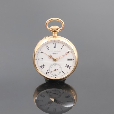 PATEK PHILIPPE & Co offene Damentaschenuhr in RG 750/000, Schweiz um 1900, glattes 2- Deckel Goldgeh., guill. Rückdeckel, 2-tlg. Emailzifferbl. ...
