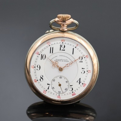 A. LANGE & SÖHNE-DUF-Taschenuhrwerk im späteren Nickelgehäuse, Deutschland um 1895, Geh. teils verg., Emailzifferbl. rest., arab. Zahlen, gold. ...