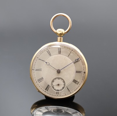 GREYHURST.HARVEY & Co offene Taschenuhr mit 1/4-Repetition in GG 750/000, London Hallmark 1824, Schlüsselaufzug, guill. Geh., auf Rückdeckel kleine ...
