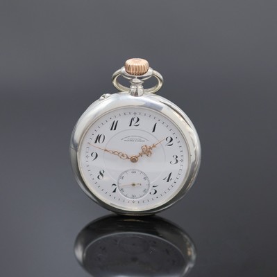A. LANGE & SÖHNE -DUF- offene Silbertaschenuhr, Deutschland um 1910, glattes Lucia-Geh., gekürzte Goldscharniere, 3-tlg. Emailzifferbl. riss., ...