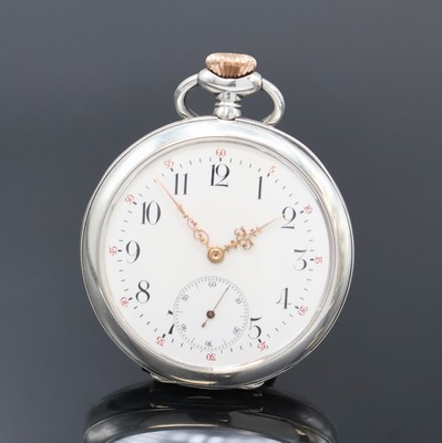 UHRMACHERSCHULE ST. IMIER offene Silbertaschenuhr, Schweiz um 1915, glattes Geh., Rähmchen-Emailzifferbl. m. arab. Zahlen, gold. Zeiger, kl. Sek. b. ...
