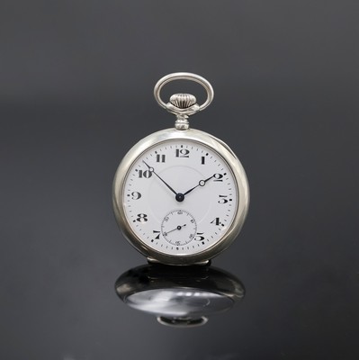 UHRMACHERSCHULE Neuchâtel offene Taschenuhr in Silber, Schweiz um 1920, glattes Geh., Emailzifferbl. m. arab. Zahlen, kl. Sek. b. 6, gebl. Zeiger, ...