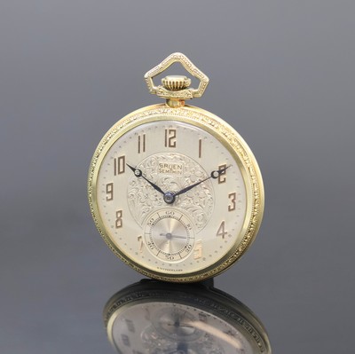 GRUEN SemiThin Frackuhr in 14k Gold Metall- verstärkt, Schweiz um 1930, Handaufzug, teil-grav. Geh., Rückdeckel m. Monogramm, silb. Zifferbl. ...