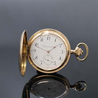 CHRONOMÉTRE große Herrensavonette mit Chronometerhemmung in RG 585/000, Schweiz um 1910, glattes 3-Deckel Goldgeh., Emailzifferbl., arab. Zahlen, ...