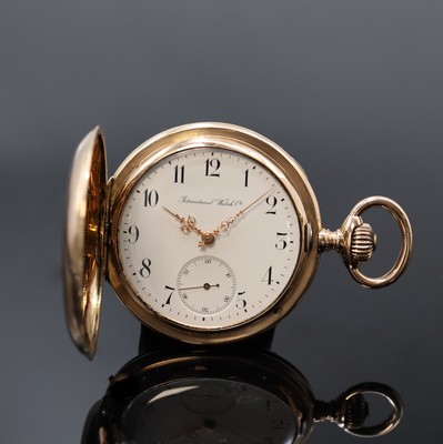 IWC frühe Herrensavonette in RG 585/000, Schweiz um 1892, glattes 2-Deckel Goldgeh., Monogramm-Grav. auf Sprungdeckel, 2-tlg. Emailzifferbl., arab. ...