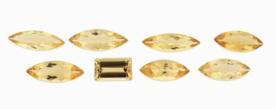 Lot 8 lose Goldberylle, zus. ca. 21.79 ct, 7 xfacett. Navettes in versch. Größen, 1 x Treppenschliff