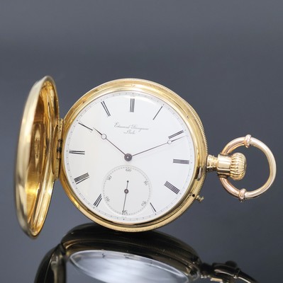 EDOUARD PERREGAUX Le Locle schwere Herrensavonette in GG 750/000, Schweiz um 1880, glattes 3-Deckel Goldgeh. m. Münzrand ber., 2-tlg. Emailzifferbl. ...