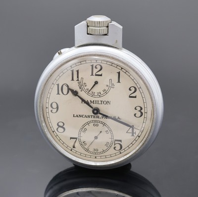 HAMILTON B-Uhr der US-NAVY Modell 22, USA um 1942, matt verchr. Geh., Lünette u. Boden verschr., silb. Zifferbl. m. arab. Zahlen, schwarze ...