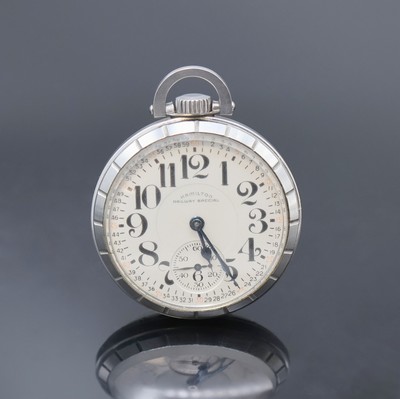 HAMILTON Railway Special offene Taschenuhr in Stahl, USA um 1940, Boden u. Glasrand geschr., Zeigerst. d. Schieber b. 1, riss. Zifferbl. m. arab. ...