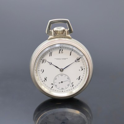 VACHERON & CONSTANTIN Taschenuhrwerk im neutralen amerikanischen Nickelgehäuse, Schweiz um 1920, 3-tlg. verschr. Geh., 2 tlg.- Emailzifferbl. m. ...