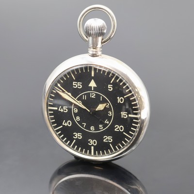 LACO Flieger-Uhrwerk im beidseitig verglasten neutralen Gehäuse, Deutschland um 1940, vers. Geh., schwarzes Zifferbl. m. Leuchtzahlen, gebl. ...