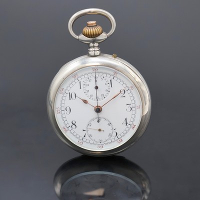 Offene Taschenuhr mit Chronograph in Silber,Schweiz um 1910, guill. Geh. berieben, Emailzifferbl. m. arab. Zahlen, 30-Min.-Zähler b. 12, kl. Sek. b. ...
