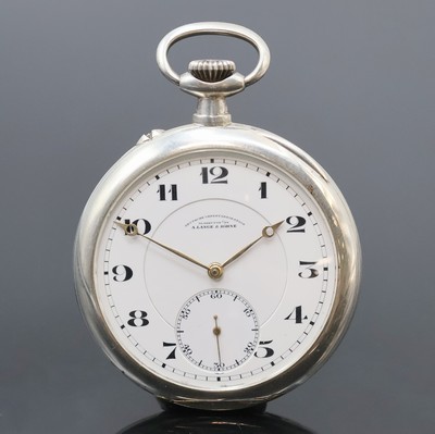 A. LANGE & SÖHNE -DUF- offene Silbertaschenuhr, Deutschland um 1930, glattes Geh. m. gekürzten Goldscharnieren, 3- tlg. Emailzifferbl., fette arab. ...