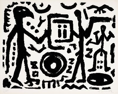 A.R.Penck, 1939-2017, Falkenkopf, Jäger und Adler, Lithographie, handsign. und num. 4/20, ca. 60x76cm, PP, u.Gl., R., ca. 92x108cm