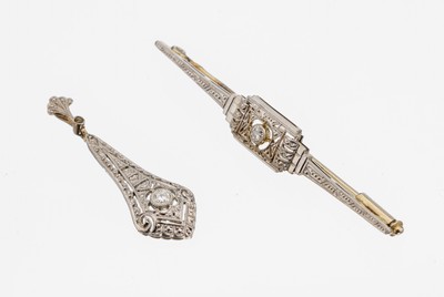 14 kt Gold Art Deco Diamant-Konvolut, GG/WG585/000, best. aus: 1 Brosche, GG schauseitig WG, geometrisch, Altschliffdiamant ca. 0.08 ctWeiß/p, L. ...
