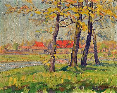 Charles Himmel, 1894-1974, Elsässer Maler, Blick durch Bäume und über einen Bach auf ein Bauernhaus, Öl/Lwd, rechts unten sign. und dat. 1922, ...