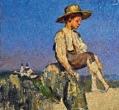 Martha Kropp, wohl, 1880 Aachen-1968 Karlsruhe, Junge mit großem Hut rastend auf einem Fels, Öl/Lwd, expressiver Duktur bei teils gespachteltem ...