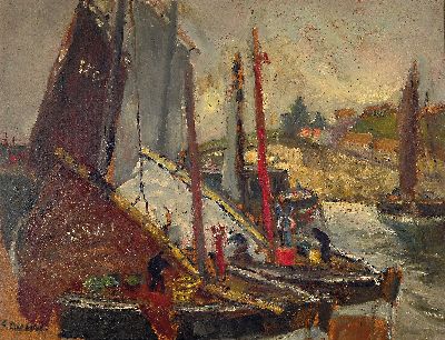 Eugen Dekkert, 1865 Stettin-1956 Garmisch-Partenkirchen, Schottischer Fischerhafen, so rückseitig betitelt, Öl/Malkarton, links unten sign., ca. ...