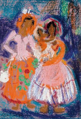 Heinz Werner, 1928-2019, zwei Frauen mit Kind, Pastell auf Papier, ca. 35x24cm, PP, u.Gl., R. ca. 60x49cm, Werner wurde bekannt als Porzellanmaler ...