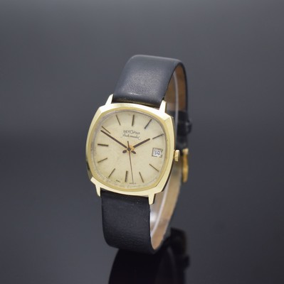BERGANA Herrenarmbanduhr in GG 585/000, Schweiz um 1970, umgebaut auf quartz, Kissen- förm. Geh., Boden aufgedr., silb. Zifferbl. pat., Datum b. 3, ...