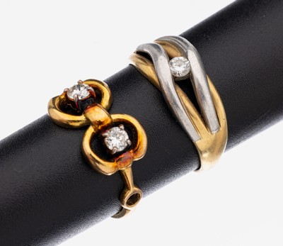 14 kt Gold/Platin Brillant-Konvolut, best. aus: 1 x Ring, Platin/GG, Brillant ca. 0.10 ct(grav.) Weiß/p, RW 52, 1 x Ring, GG 585/000, 2Brillanten ...