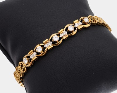 18 kt Gold Brillant-Armband, GG 750/000, 5 Brillanten zus. ca. 0.75 ct Weiß/si, 8 Brillanten zus. ca. 0.16 ct Weiß/p, L. ca. 17 cm, Kastenschloss ...