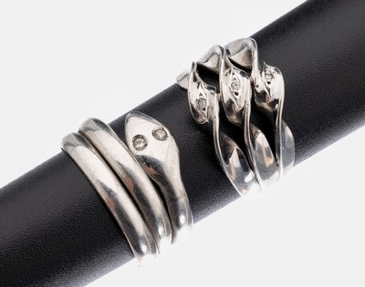Konvolut 2 Platin Brillant-Ringe, 1x Pt 850/000 Schlangenring, als Augen 2 Brillanten zus. ca. 0.02 ct Weiß/si, RW 53, 1 x Ring, Pt 900/000 ...