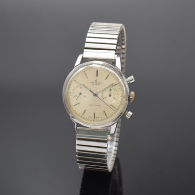 BREITLING Armbandchronograph TOP TIME Referenz 2002, Schweiz um 1960, Handaufzug, Edelstahl-Einschalengeh., neutr. Flexband, 17 St., Basiskal. Venus ...