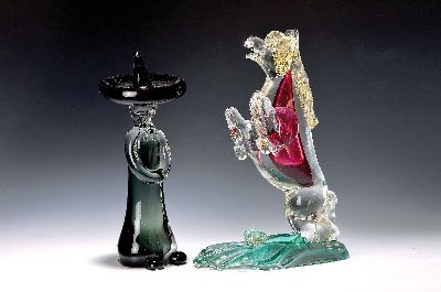 Zwei Glasskulpturen, Ermanno Nason für Cendese & Seguso Vetri D'arte, Murano, Sommerso- Glas, Mexikaner mit breiter Hutkrempe Flavio Poli für ...