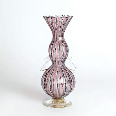 2 Zanfirico-Vasen, Fratelli Toso, Murano, 1960-70, farbloses Glas, grün/pinke, weiße und schwarze gedrehte Fadeneinschmelzungen in ...