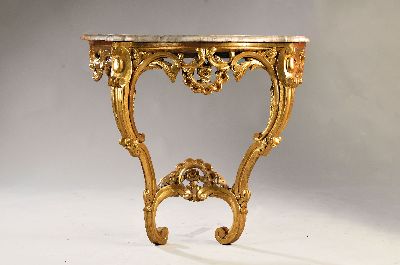 Wandkonsole, Barock, 18.Jh., mit Marmorplatte, Holz in gold gefaßt und aufwendig geschnitzt aus Akanthus und Volutendekor, benötigt ...