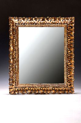 Kleiner Wandspiegel mit Stuckrahmen, um 1900, Spiegelglas später, stil. Blattdekor mit kl. Kugeln, ca. 40 x 34 cm, l. best. bzw. kl. Fehlstellen