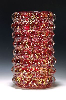 Große Glasvase "Lenti", Barovier & Toso, Murano, 1950er-Jahre, farbloses Glas, roter Innenüberfang mit Goldfolie, Zylinderform, Raster ...