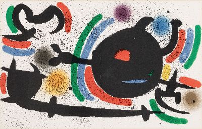 Joan Miro, 1893-1983, 2 Farblithographien, 1x Blatt aus Lithographie I, 1972; 1x Blatt aus Derrier le Mirroir 1965, je Mittelfalz, unter Glas gerahmt ...