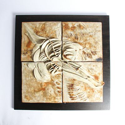 Reliefbild, Brigitte Schuller-Kornbrust (1934 -2016), Keramik, sandfarben glasiert , abstrakt-organische Formen, Einzelplatte je 24x24 cm, Rahmen ...