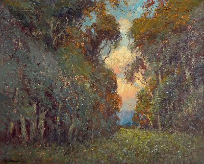 Rudolf Pichler, 1863-1931, impressionistisches Waldinterieur, zentraler Blick auf einen abendlich gefärbten Himmel, Öl/Lwd, links unten signiert ...