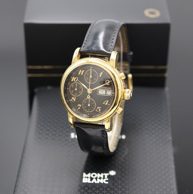 MONTBLANC Meisterstück vergoldeter Armbandchronograph, Schweiz verk. lt. Pap. 12/1997, Automatik, beids. vergl., orig. Lederband m. Dornschl., ...