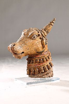 Große Holzskulptur, Kopf des Nandi, Indien, 19. Jahrhundert, geschnitzt und Reste vom orig. Bemalung, rückseitig verwittert und ein Horn fehlend, ...
