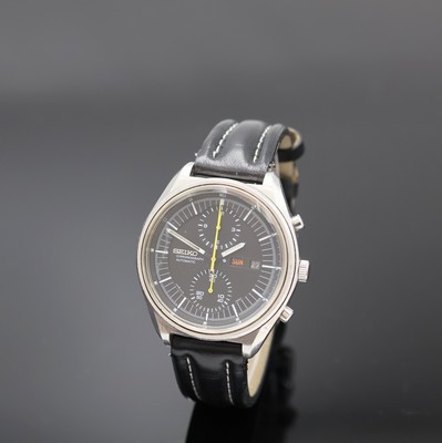 SEIKO Schaltradchronograph in Stahl Referenz 6138-3002, Japan um 1975, Automatik, Boden verschr., Mineralglas, schwarzes Zifferbl., Leuchtindizes und ...