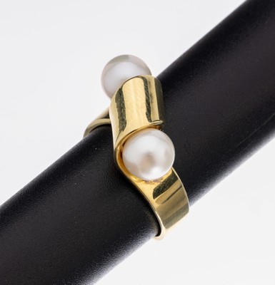 14 kt Gold Zuchtperl-Ring, GG 585/000, 2 weiße Zuchtperlen D ca. 7 mm, Meistermarke HB unged., ca. 7 g, RW 53