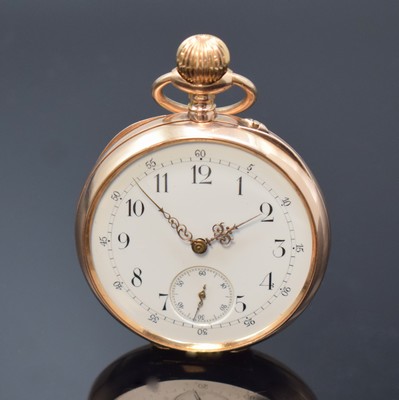 A. EPPNER & Co, Silberberg seltene Taschenuhr in RG 585/000, um 1890, guill. Geh. dell., Goldcuvette, Krone später, 2-tlg. Email- zifferbl., kl. ...