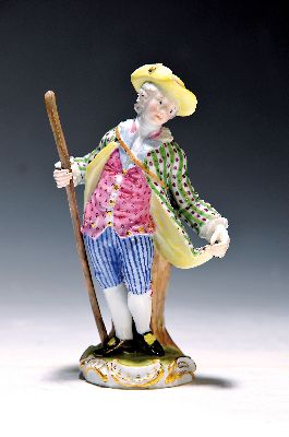 Porzellanfigur Wanderer, Meissen, Knaufzeit, farbig und goldstaffiert, Hand mit Hirtenstab rest., H. 14,5 cm