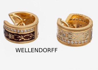 Paar 18 kt Gold WELLENDORFF Brillant- Ohrcreolen mit Email, GG 750/000, "Schokotwist", schokobraun und cremefarb. emaill., 48 Brillanten ...
