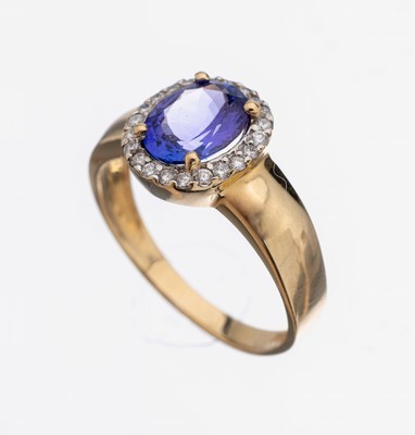 14 kt Gold Tansanit-Brillant-Ring, GG 585/000, mittig ovalfacett. Tansanit ca. 1.20 ct, 21 Brillanten zus. ca. 0.30 ct Weiß/si-p, RW 60, ca. 3.3 g