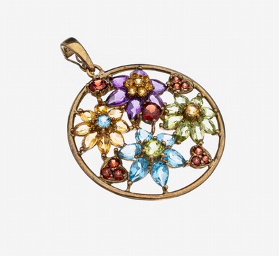 8 kt Gold Farbstein-Clipanhänger, GG 333/000, rund, floral, Granate, Amethyste, Citrine und Blautopase (beh.) in versch. Schliffformen und Größen ...