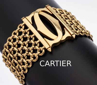 18 kt Gold CARTIER Armband, GG 750/000, schwere massive Ausführung, B. ca. 3 cm, L. ca. 18.5 cm, Steckschließe mit CC, ca. 87.4 g