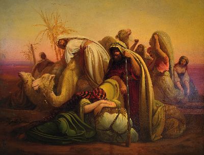 Ungedeuteter Orientalist, signiert, A. Meyer, um 1900, erschöpfte Beduinen auf der Rast, Verweis auf die alttestamentarische Wüstenwanderung der ...