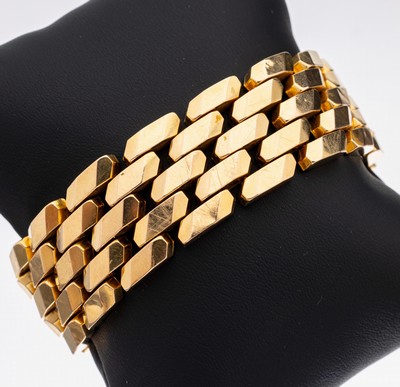 18 kt Gold Armband, GG 750/000, Backsteinoptik, B. ca. 2.7 cm, L. ca. 19.5 cm,Kastenschloss mit Sicherheitsacht, ca. 50.4 g