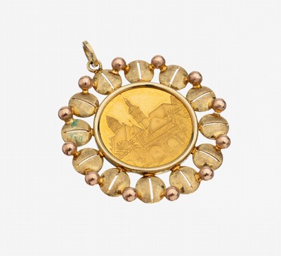 14 kt Gold Medaillen-Anhänger, GG/RG 585/000, lose gefasste Medaille "Opelstadt Rüsselsheim", 1966, GG 986/000, Stadtansicht, Rahmung ...