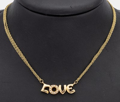 14 kt Gold Brillant-Collier "LOVE", GG 585/000, Mittelteil LOVE, O mit 11 Brillanten zus. ca. 0.10 ct Weiß/si, 3-rhg. Kette, L. ca.44 cm, ...